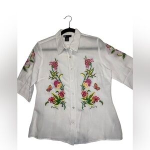 Carole Little Shirt Womens Size M White Embroidered Linen Blouse Artsy Button Up